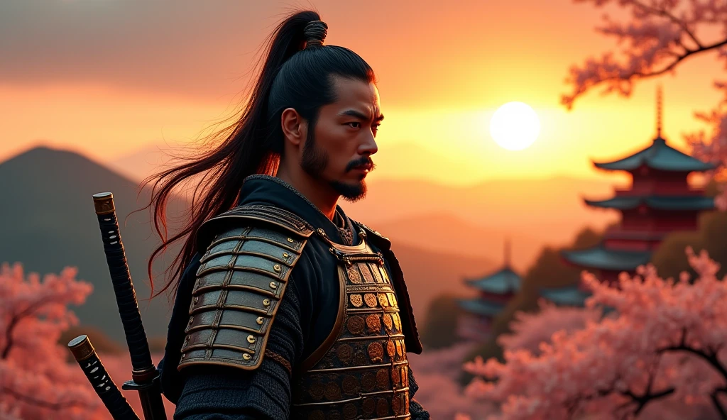 a samurai of the sengoku period, detailed armor, katana, samurai sword, detailed facial features, detailed eyes, long flowing hair, stoic expression, detailed clothing, traditional japanese background, beautiful landscape, dramatic lighting, cinematic composition, highly detailed, photorealistic, 8k, best quality