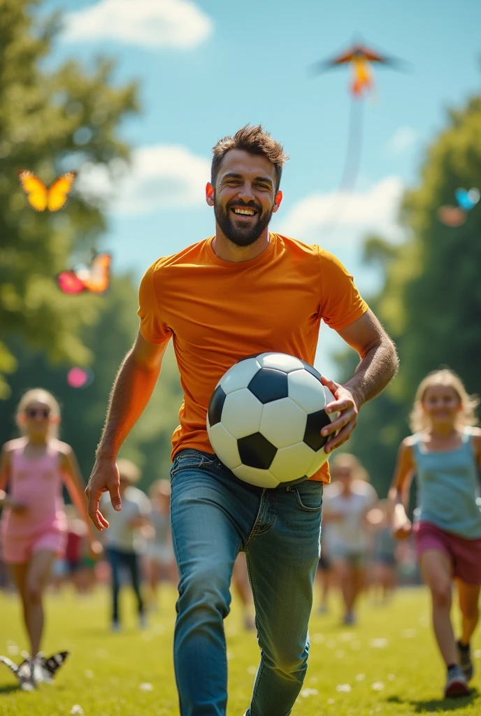 Man
playing pranks with a huge 3D soccer ball inside his pants