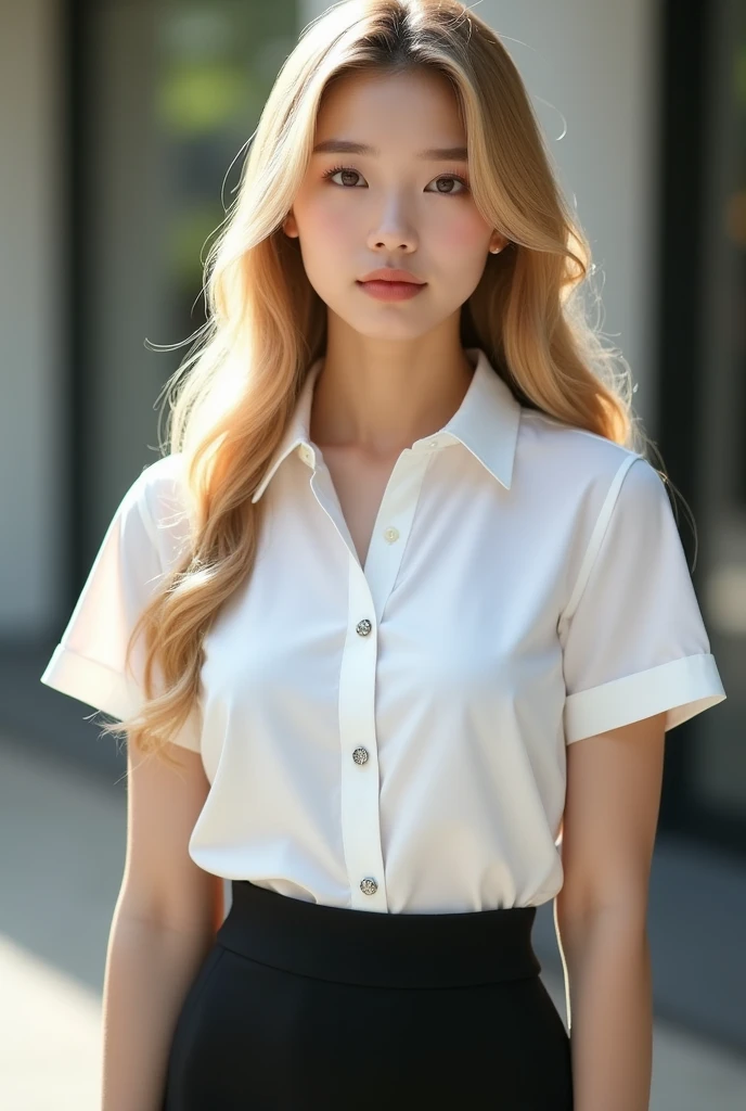 Thai girl 18 year old , Nisit outfit , white short sleeve slim fit shirt , silver buttons , ฺฺBlack Stretch Spandex Bodycon Mini Pencil Skirt Slim Tube Tight Hip Mini Skirt , hyper realistic , Long blonde hair , focus on face , medium shot.