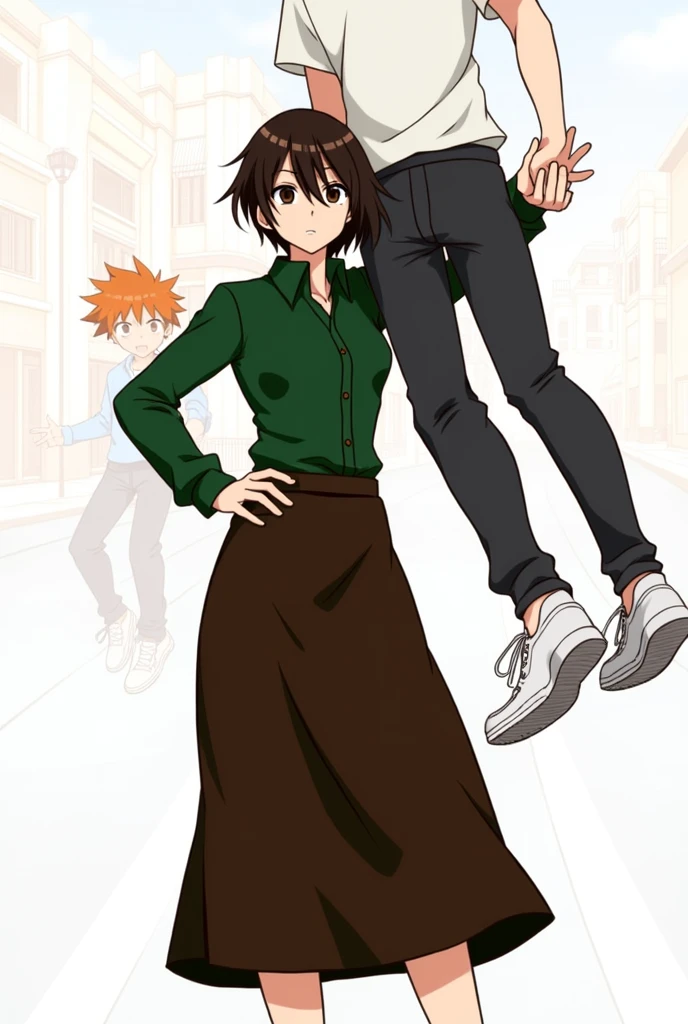 A girl with very short dark brown hair, in a dark green shirt, a long dark brown skirt, with black eyes, holds on the shoulder a guy in dark gray pants, a white T-shirt, with orange hair, anime art, realistic, overdetalization, overdetalized hands, overdetalization of the face