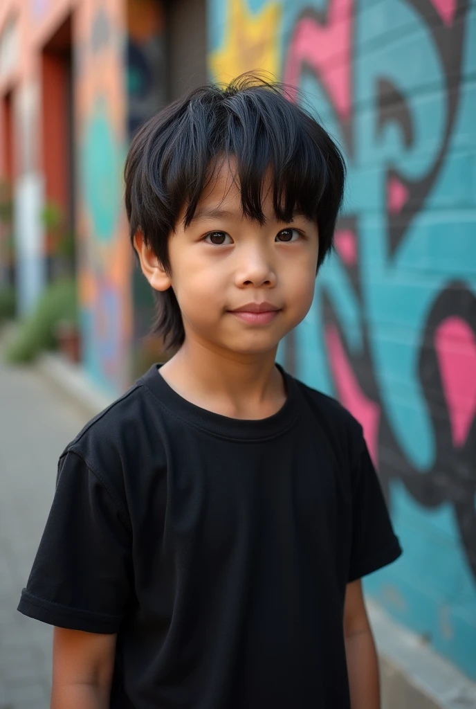 An Asian boy with straight black hair with a mullet-style haircut, brown eyes, white skin, messy hair, wearing a black shirt.