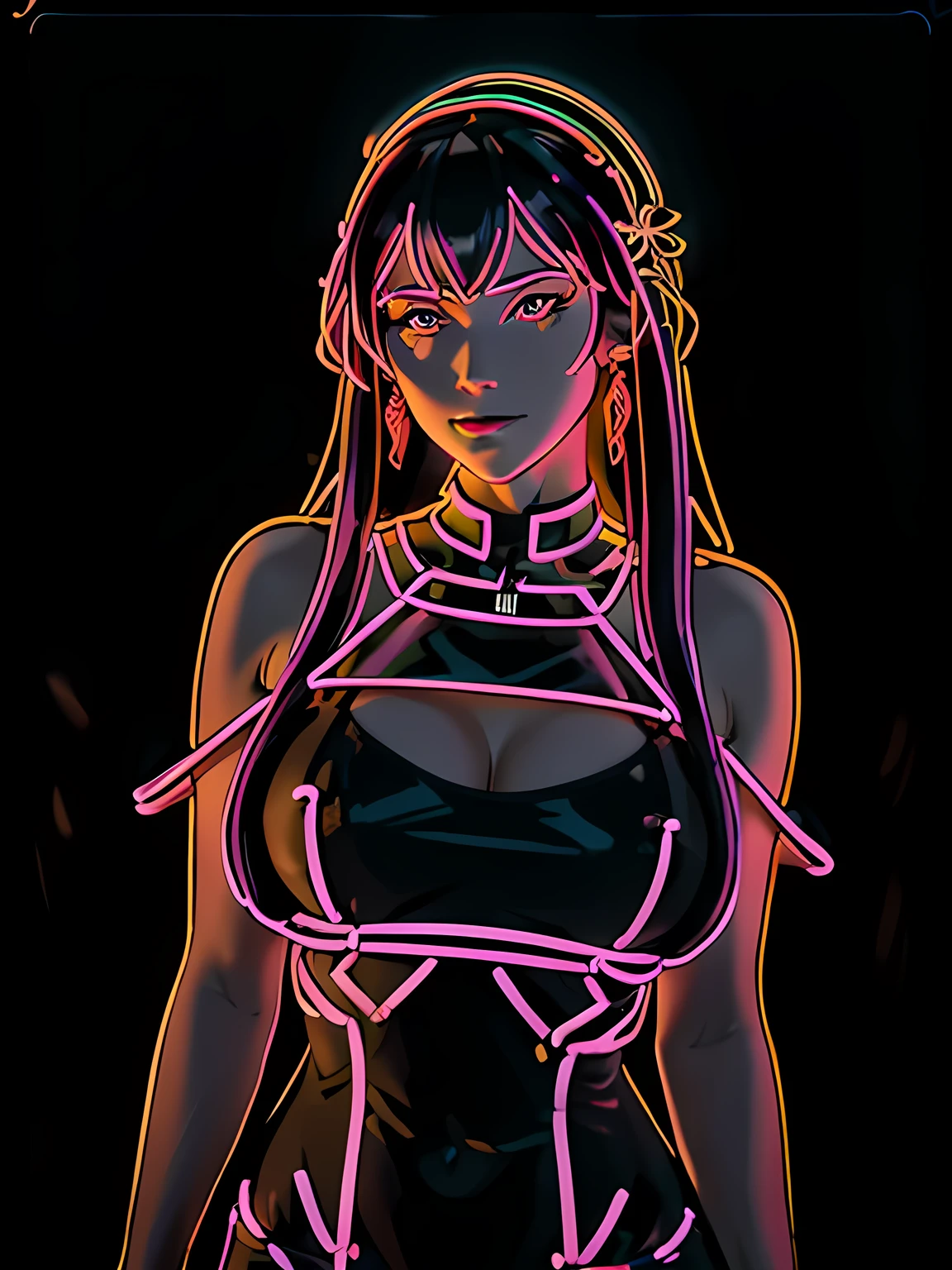 (neon outlines), close up, Very beautiful woman, Yor-Briar, Yor-Forger, woman in a long evening dress, Yor-style hair accessory and earrings, ((neon outlines body:1.4, neon outlines face:1.4)), Inside the Dark room at night, Ultra-Realistic Capture, Photorealsitic，Highest quality, masterpiece, Detailed face, Model-like body, best shading, (Many LEDs), The background is a slightly dark cabin, Large Breasts, RAW Photos, cinematic lighting