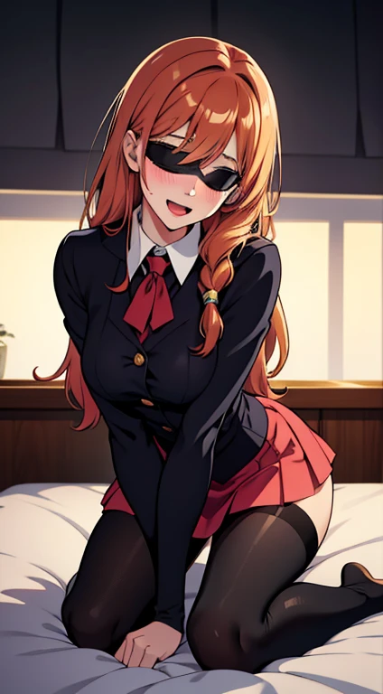elysia, long ginger hair, beautiful face,smiling, secretary, black tights, mini skirt, (open mouth:0.4),illustration,detailed textures(realists),ultra-detailed,vivid colors,soft lighting, blushing, mature, no bras, full body, sexy, blushed, open mouth, no sleves, lying on all fours, girl tied to bed blindfolded, she leans in, back pose, enjoying, excited, dick