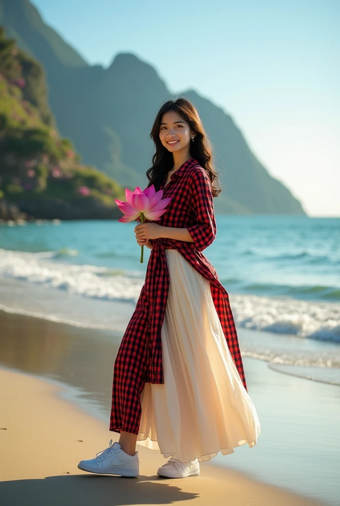 Glamor shot, beautiful Indonesian girl with white skin, well-groomed face, wearing a white hijab, walking on the beach, wearing a long red and black checkered shirt, holding a lotus flower, long wide skirt, white Jordan sneakers, looks very happy. Mountain background full of roses, tulips, jasmine, beautiful flowers for original photo studio photos