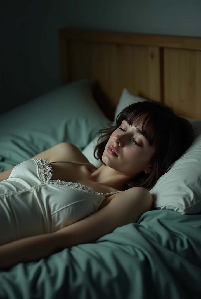 age girl, 13 years, Brunette with a bob haircut, , young woman with a toned figure, lying on the bed, on her back, shaved vagina, drunk, lost consciousness, intoxicated, (drugged), installation-actual still frame_Young girl from the sorority with a beautiful press, (date_raped), after_late at night, wearing a Very tiny short silk nightie, Lots of skin, late evening in the dormitory, drunk, (camera Flash illuminates the foreground), violently defiled, Non-consensual sex, forced sex, by touch, immorally-defiling, violated, grabbing, interracial sexual assault, Very, concentrated, Flash, Photo, Flashlight, full body shot
