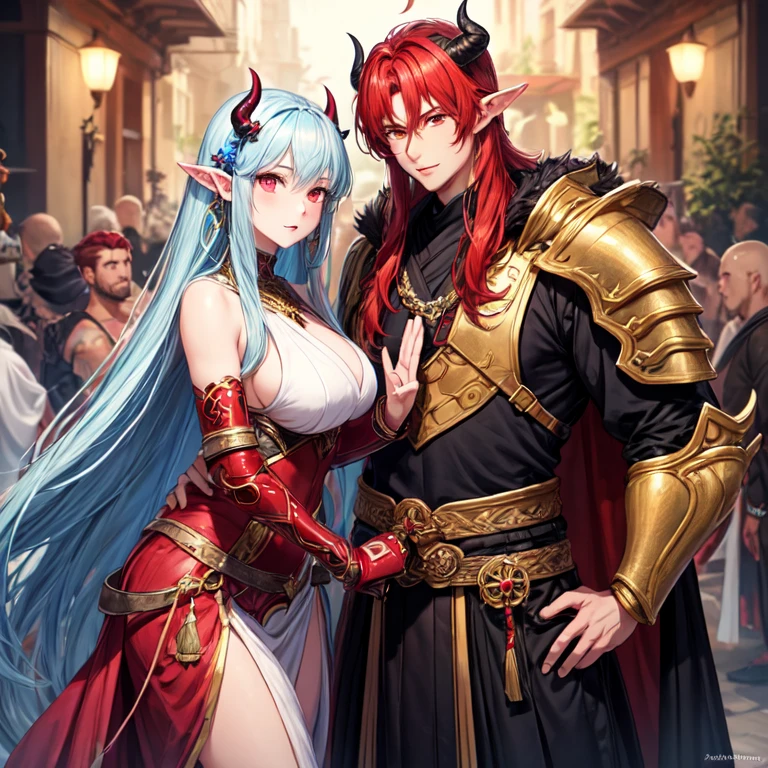 Handsome tall male cultivator man with white long hair and blue hair with monk beads in his hands and next to him Beautiful and sexy tall girl in demon form of a man with horns with red hair and red eyes in fully dressed armor
