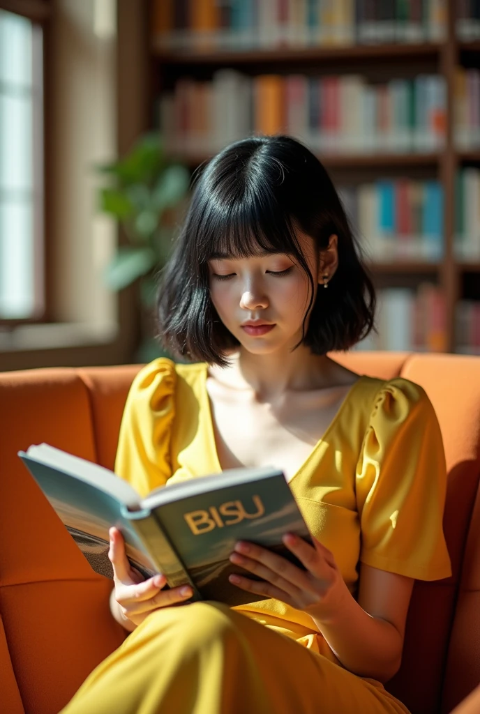 3D ai A beautiful girl with doyin makeup wearing a yellow dress with black hair and bangs reading a book titled "BISU" with a grey book cover featuring a beach scene, sitting inside the library