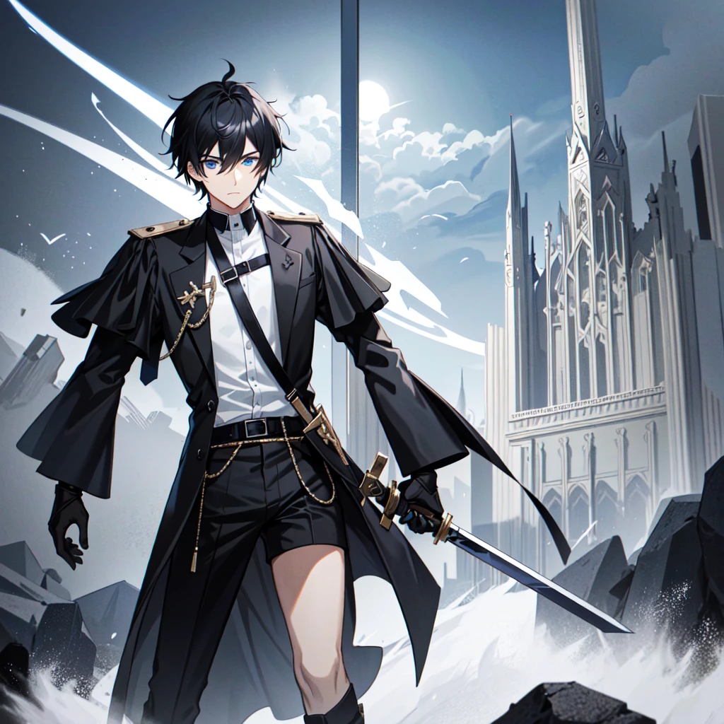 Male, short black and white hair, blue eyes, black smooth and long jacket with short sleeves, white shirt, black shorts, black combat boots, extended hand out infront of him, sword on shoulders, looking at a magnificent castle from woods.