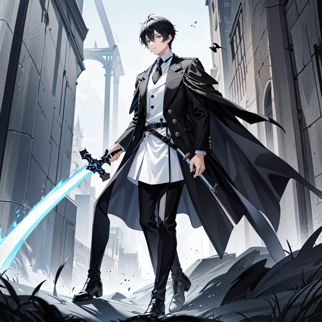 Male, short black and white hair, blue eyes, black smooth and long jacket with short sleeves, white shirt, black shorts, black combat boots, extended hand out infront of him, sword on shoulders, looking at a magnificent castle from woods.