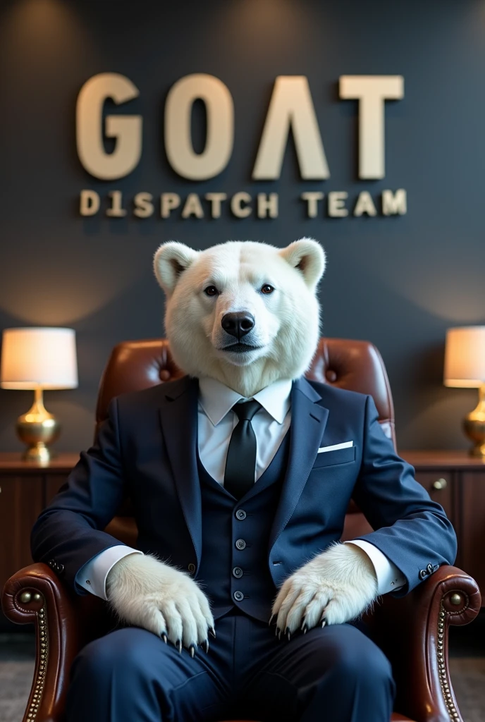 White Bear with suit sitting in the chair at office under the logo with letter “GOAT DISPATCH TEAM”