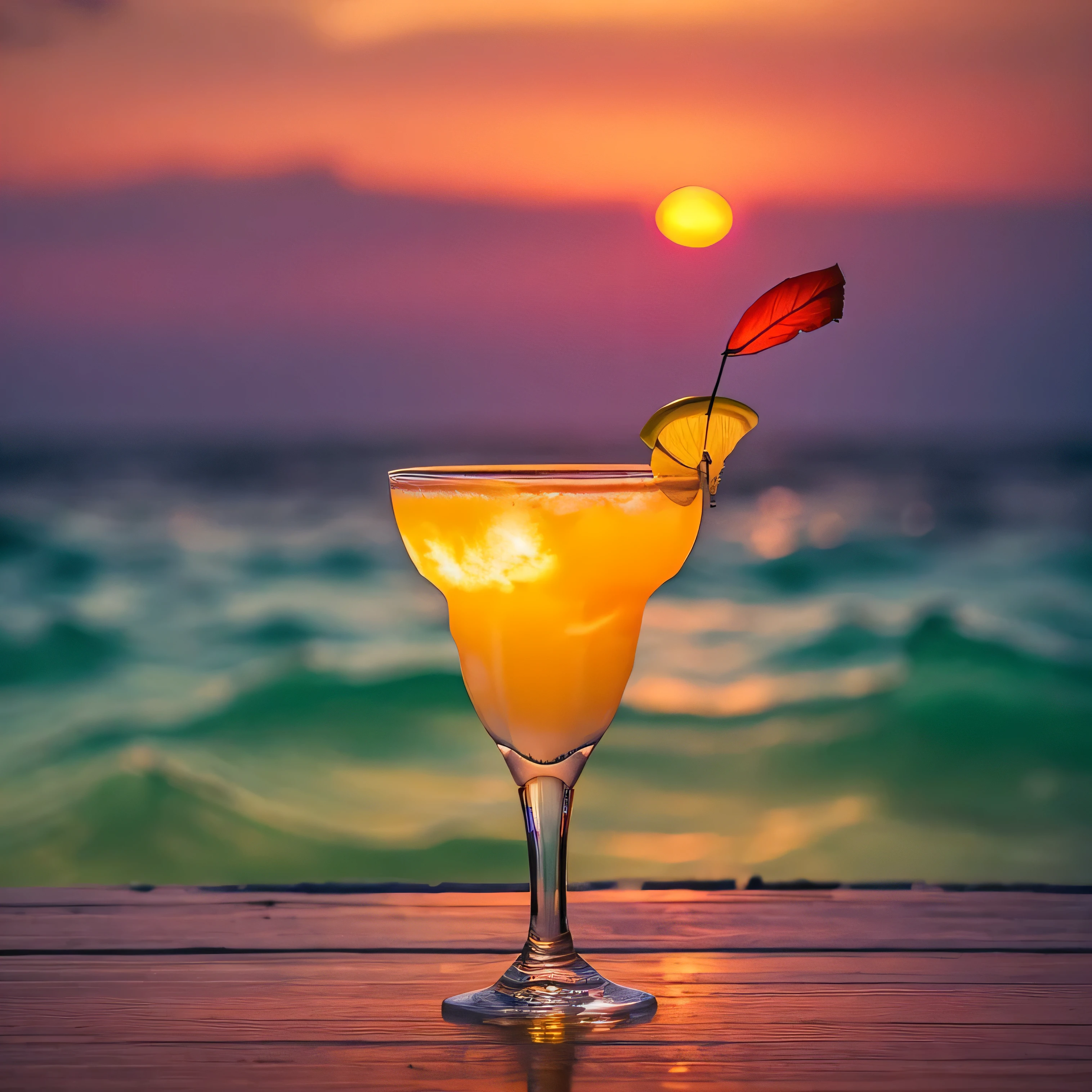 Create an engaging design that blends the beauty of a tropical sunset, Tranquility of the sea, and、The appeal of tropical juice. What is your job?、The goal is to create an image that evokes tranquility and a longing for a tropical escape.
Paint a breathtaking sunset over the tranquil water, Shining Sea. The sky is a warm orange, pink, Purple and, and、The sun slowly dips below the horizon, Cast a golden glow on the water's surface. Waves gently crash on the shore, and、A calm and serene atmosphere fills the scene.
In the foreground, Feature a tropical juice cocktail that embodies the vibrant colors and flavors of paradise. The beverage should look cool and refreshing, Condensation forming on the glass. Add garnishes such as fresh fruit slices or colorful umbrellas、Enhance the allure.