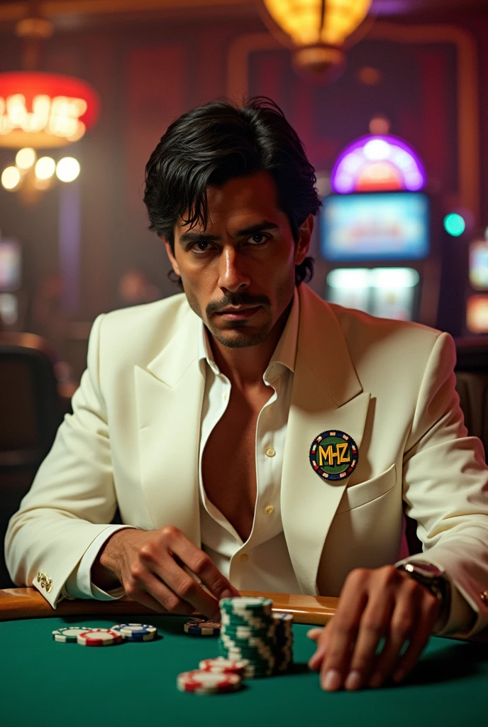 Create Scarface playing poker in the casino and carrying a badge that says MHZ