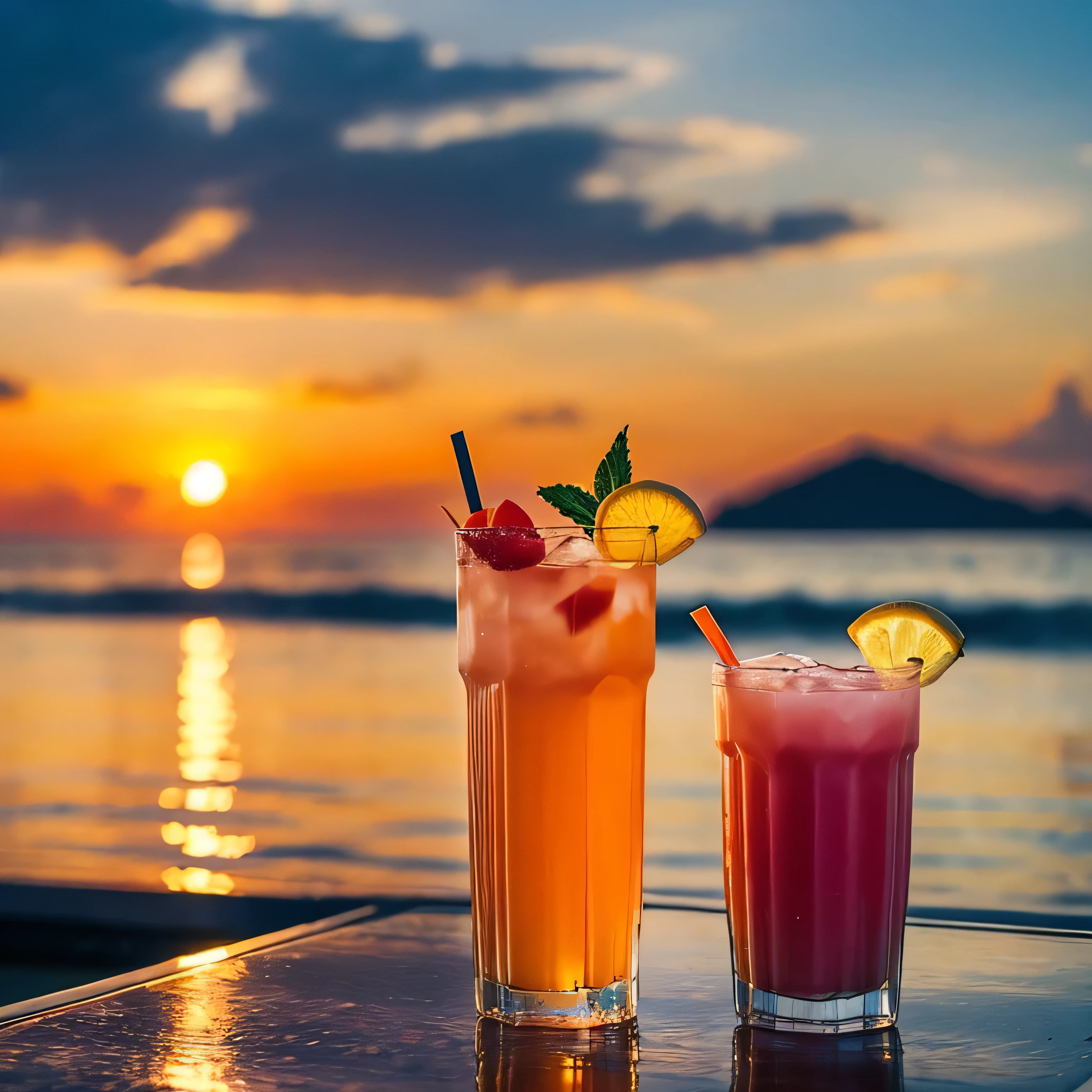 Create an engaging design that blends the beauty of a tropical sunset, Tranquility of the sea, and、The appeal of tropical juice. What is your job?、The goal is to create an image that evokes tranquility and a longing for a tropical escape.
Paint a breathtaking sunset over the tranquil water, Shining Sea. The sky is a warm orange, pink, Purple and, and、The sun slowly dips below the horizon, Cast a golden glow on the water's surface. Waves gently crash on the shore, and、A calm and serene atmosphere fills the scene.
In the foreground, Feature a tropical juice cocktail that embodies the vibrant colors and flavors of paradise. The beverage should look cool and refreshing, Condensation forming on the glass. Add garnishes such as fresh fruit slices or colorful umbrellas、Enhance the allure.