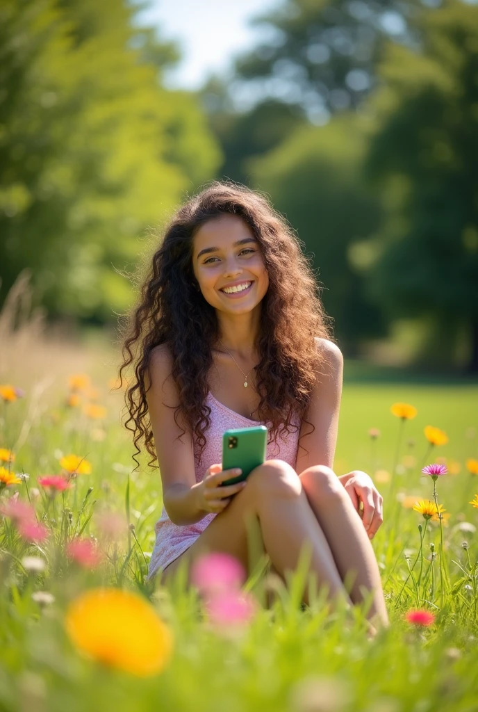 A brunette girl with curly hair and big breasts sits with her legs stretched out, taking a realistic photo