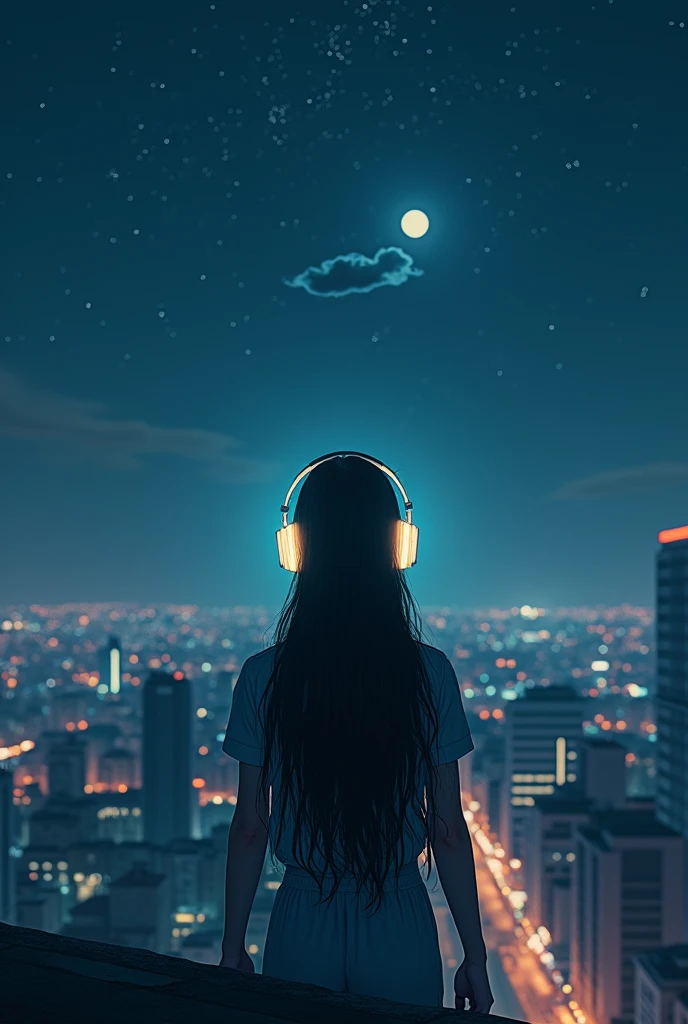 A lone girl with headphones stands on the rooftop of a building at night. The shot is 16mm.:9
