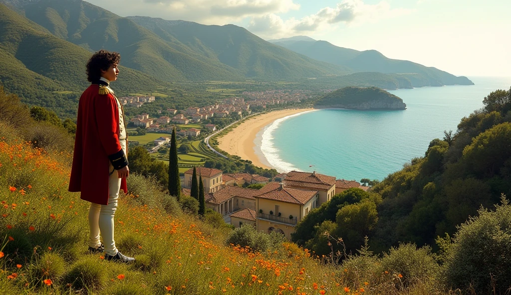 A serene coastal village on the island of Corsica in 1769, with a young Napoleon Bonaparte standing on a hillside, gazing into the distance."