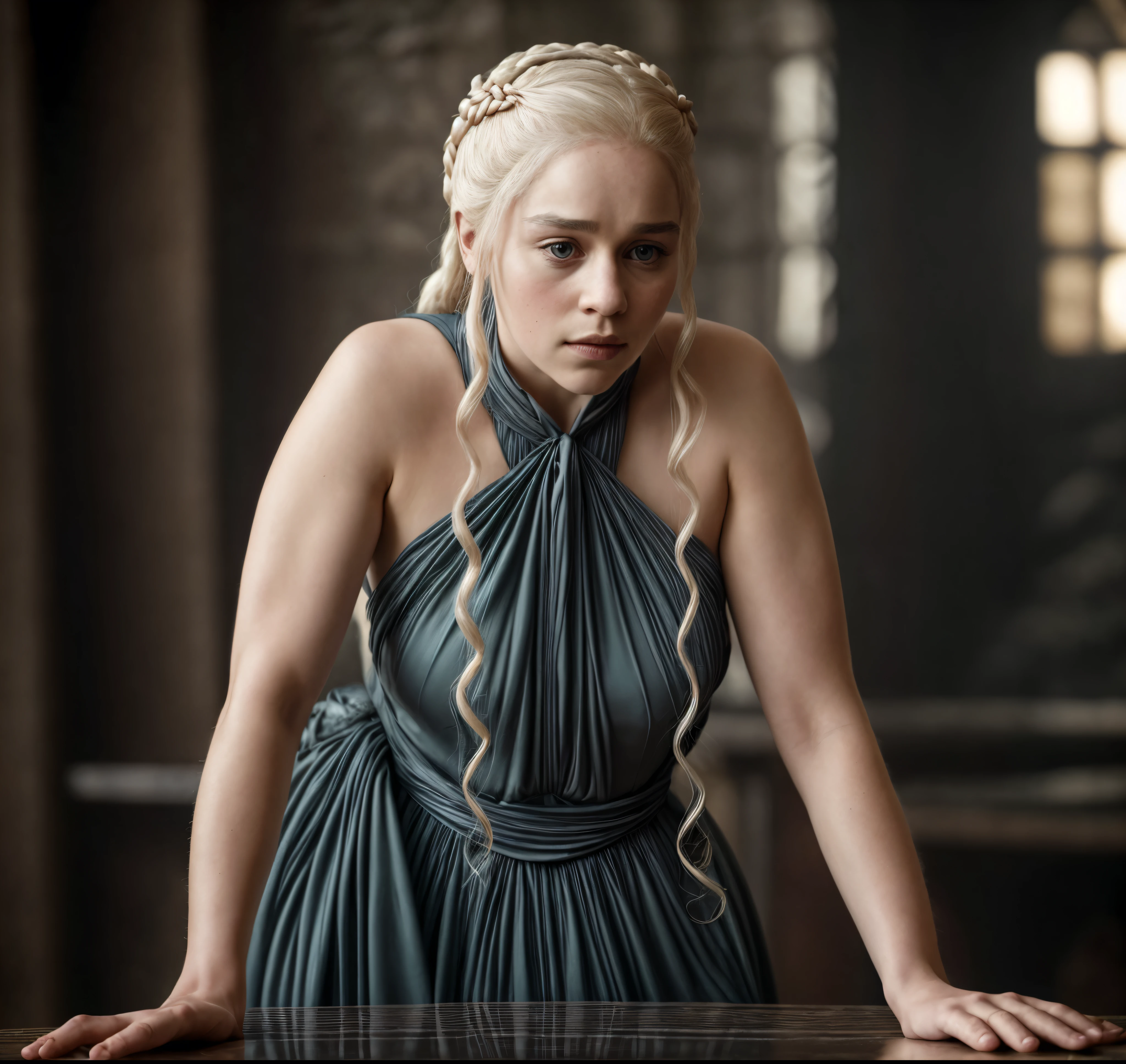 masterpiece, stunning portrait photo of khls woman, sleeveless, erotic costumes, sensual satin dress, game of thrones inspired costumes, compelling, cinematic, extremely gorgeous, stunning beauty, dark ruined place cinematic background,