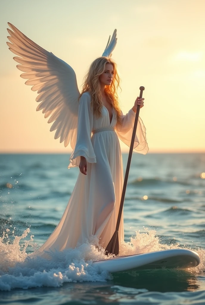 The angel has wings, paddling a SUP board in the sea.