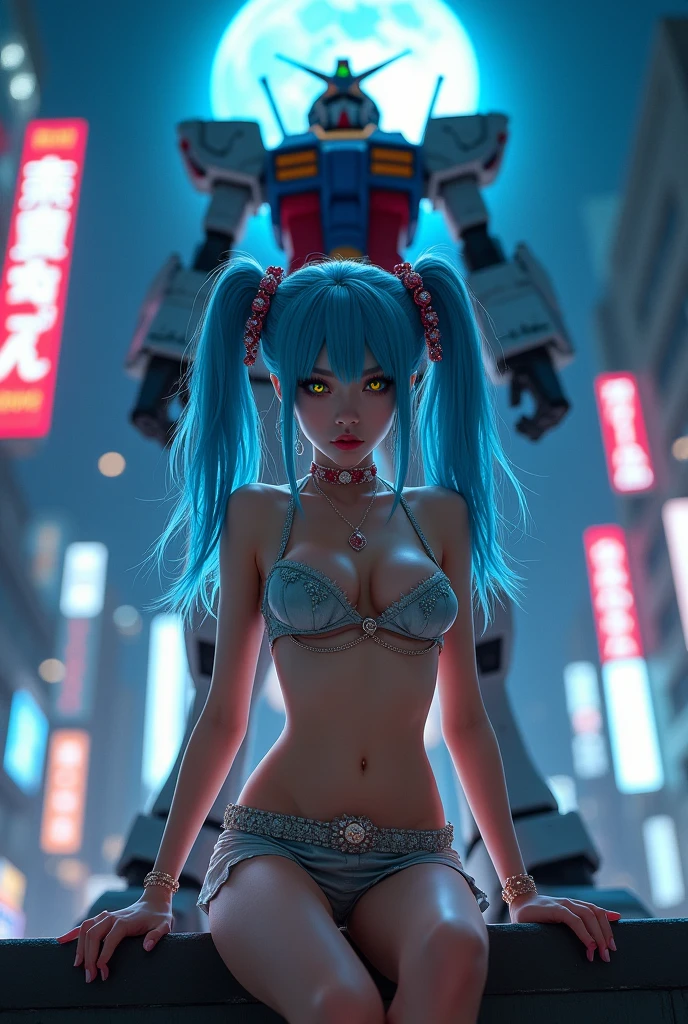 (masterpiece, Highest quality;1.3), Very detailed ,Super detailed,  One person,alone,  Twin tails,  Large Breasts, Wicked Smile, Gundam(rx78), sf, Mecha, , Blue Hair, alone, hair ornaments, Long Hair, Twin tails, Golden Eyes, jewelry, Earrings, View your viewers,Shinjuku City Background,night, Lots of neon signs, Moon base, Detailed dress, Micro Mini Skirt,  From below, Sitting,, Bust Shot,