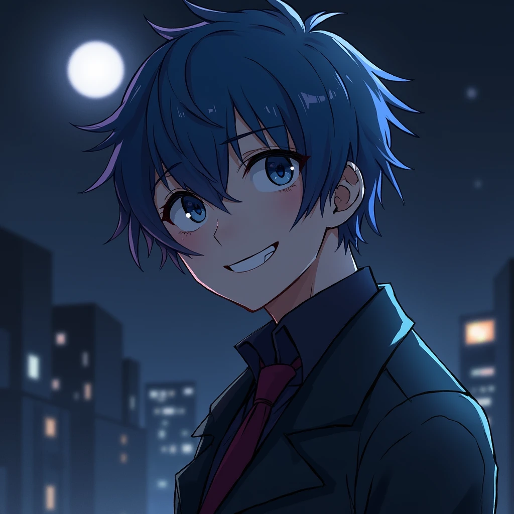 Security guard, smiling, handsome, male, winking, short hair, blue hair, location is the demon world, night, backlight