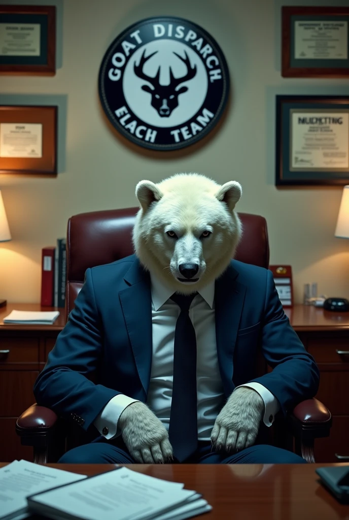 Angry White Bear with suit sitting in the chair at office under the logo with letter “GOAT DISPATCH TEAM”