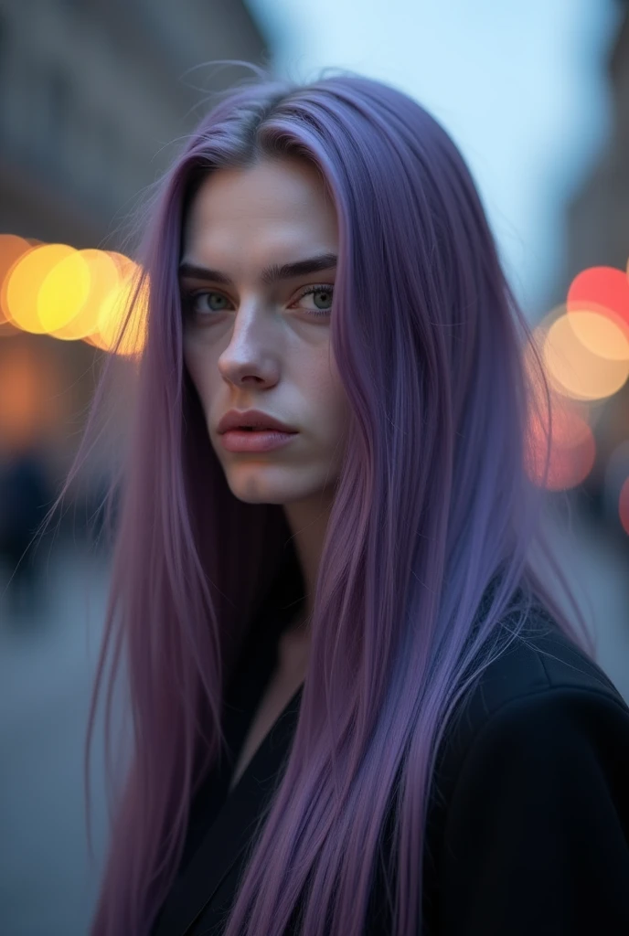 pale man, dark lavender hair, straight long hair, big nose, big lips, thick upper lip, sharp jawline, prominent cheekbones, green eyes
