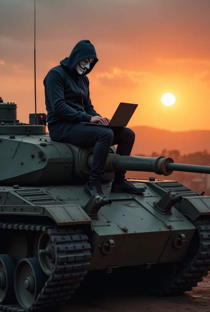 Man with Anonymous mask riding on a war tank with a laptop