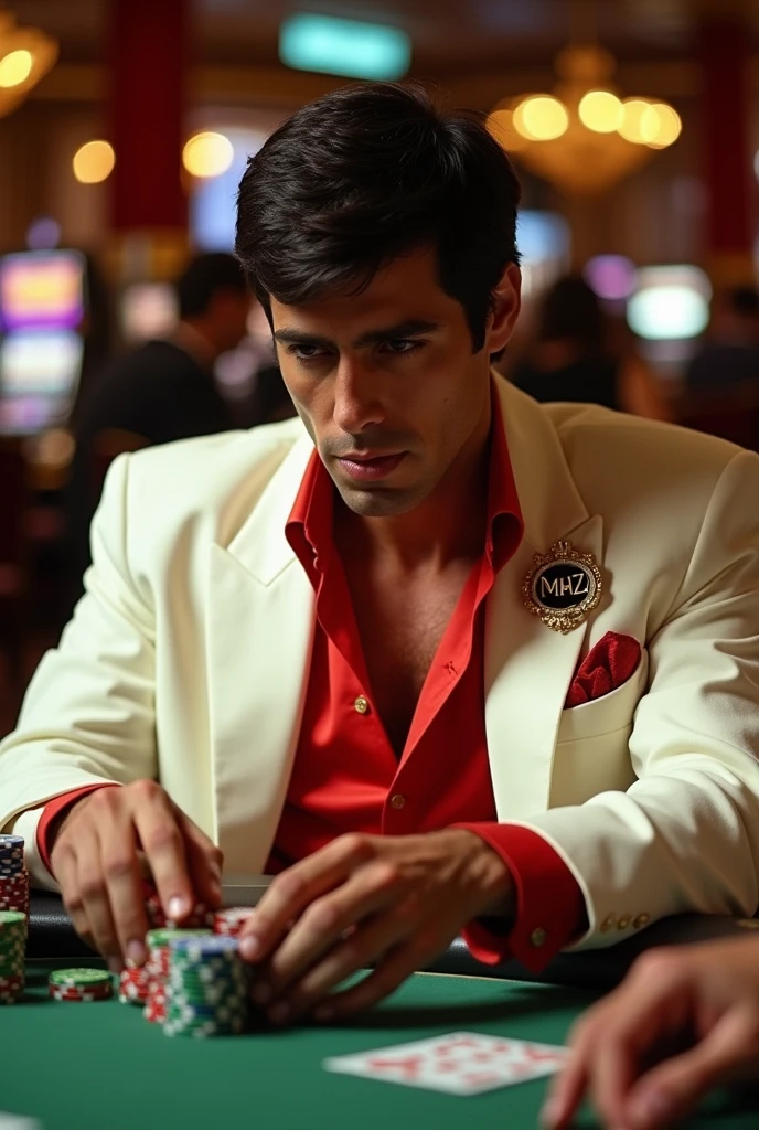 Create Scarface from the movie playing poker at the casino and carrying a badge that says MHZ
