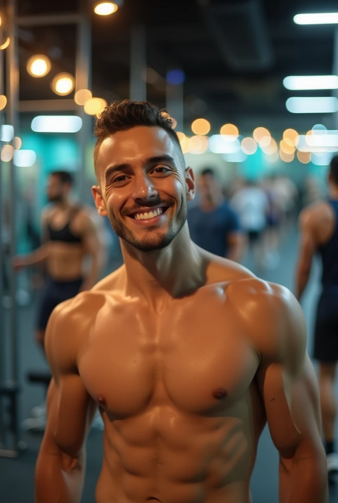 A young Maghrebi of 23 years 24 years clean shaven without beard and short hair selfie at the gym staring at the mirror with a charming look