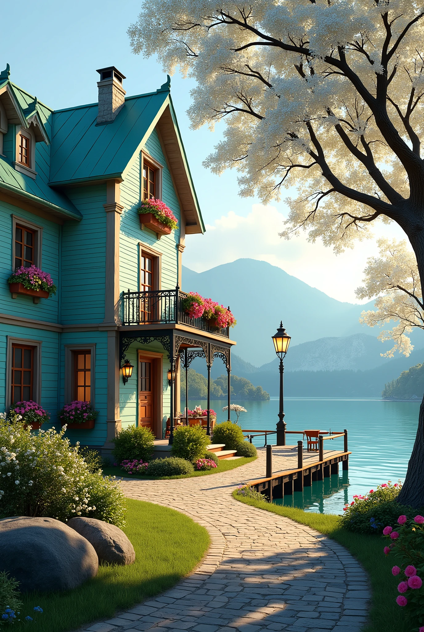 A captivating wide-angle photograph of an idyllic four-story house nestled by a serene and picturesque lake. The house, painted in asoft blue with a mint roof, exudes rustic charm and elegance. Vibrant flower boxes adorn the facade, contrasting the weathered walls with a pop of color. A charming balcony with intricate wrought iron railings extends from the upper level, offering a breathtaking view of the surroundings. A picturesque cobblestone path, partially shaded by a magnificent blossoming tree, winds gracefully towards the front door. The tree's delicate white flowers form a natural canopy, with a solitary lamppost casting a warm, inviting glow. To the right, a cozy wooden deck stretches over the water, complete with a table and chairs for moments of quiet reflection., 3d render, illustration, photo, cinematic
