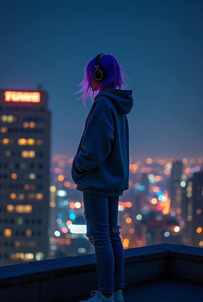 A solitary girl with headphones stands on a rooftop of a building at night. The aspect ratio is 16.:9