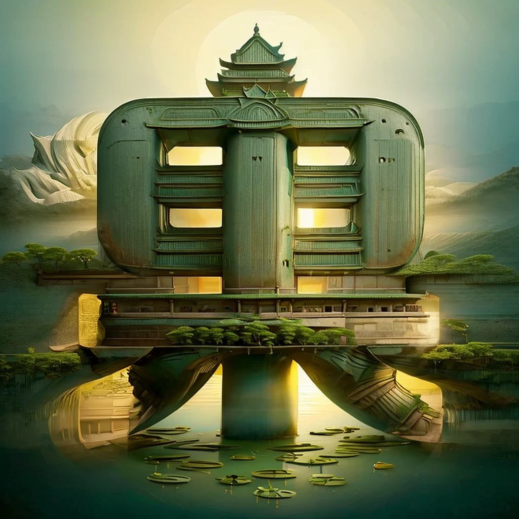 Potted plants, lake, water, lily pad,lotus, temple,