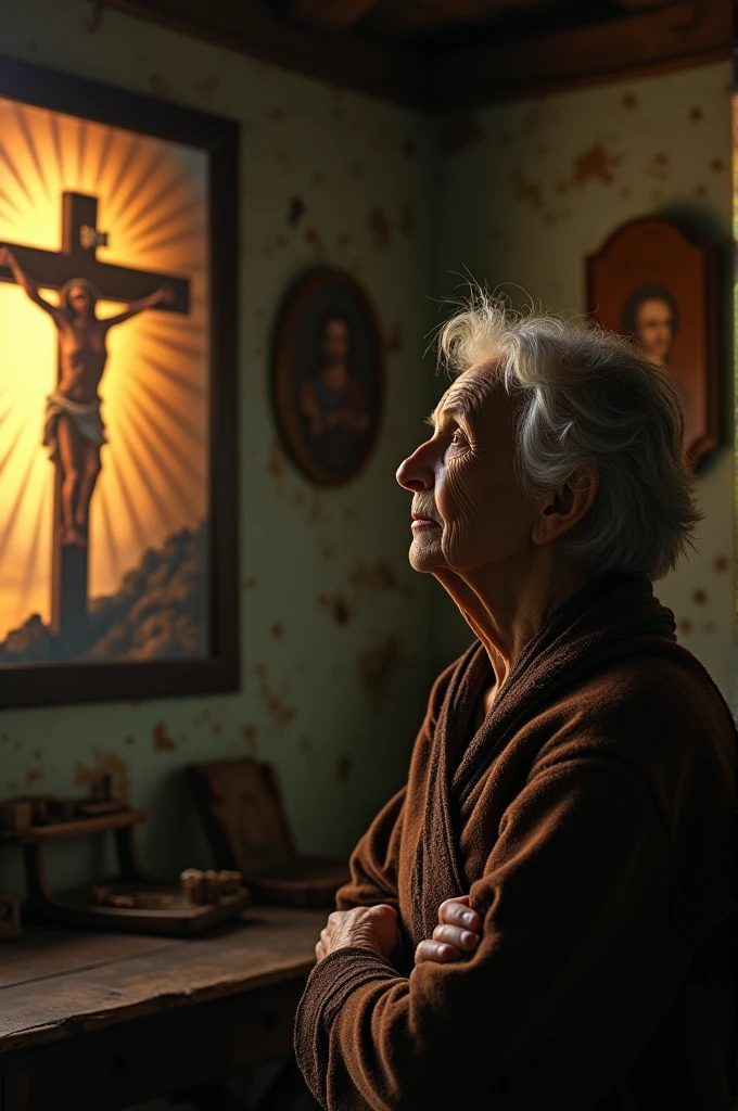 An old poor woman marveling at the picture of Jesus Christ on the cross