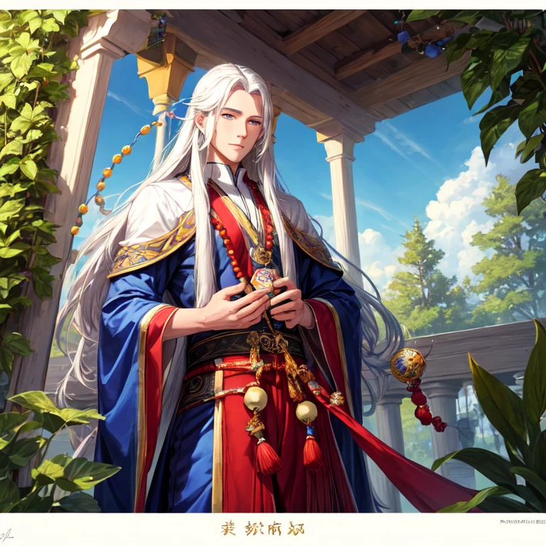 A handsome, tall, male cultivator with long white hair and blue eyes, holding a string of prayer beads in his hands. 