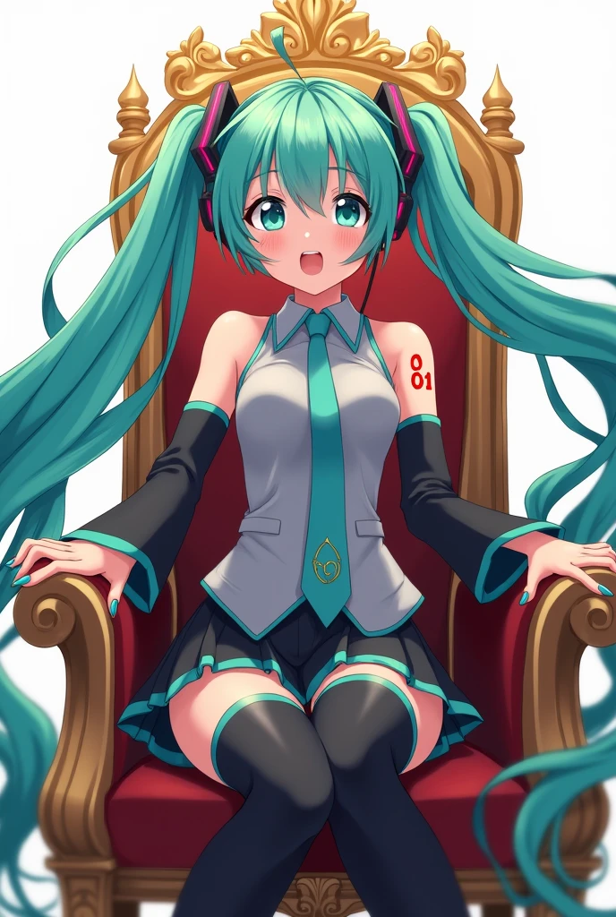 Anime art, anime style, detailed drawing, white background, high definition, high quality, one girl, solo, Hatsune Miku, aqua hair, twin tails, head ornament, headphones, number tattoo "01" (red, located on her left hand), grey sleeveless collared shirt, black detached sleeves with aqua lines, five fingers with aqua nails, aqua necktie, black pleated mini skirt with aqua lines, zettai ryouiki, thigh-high black boots with aqua lines.
Anime art
Miku Hatsune singing in front of a king; the king is sitting on the throne; she is looking at the king