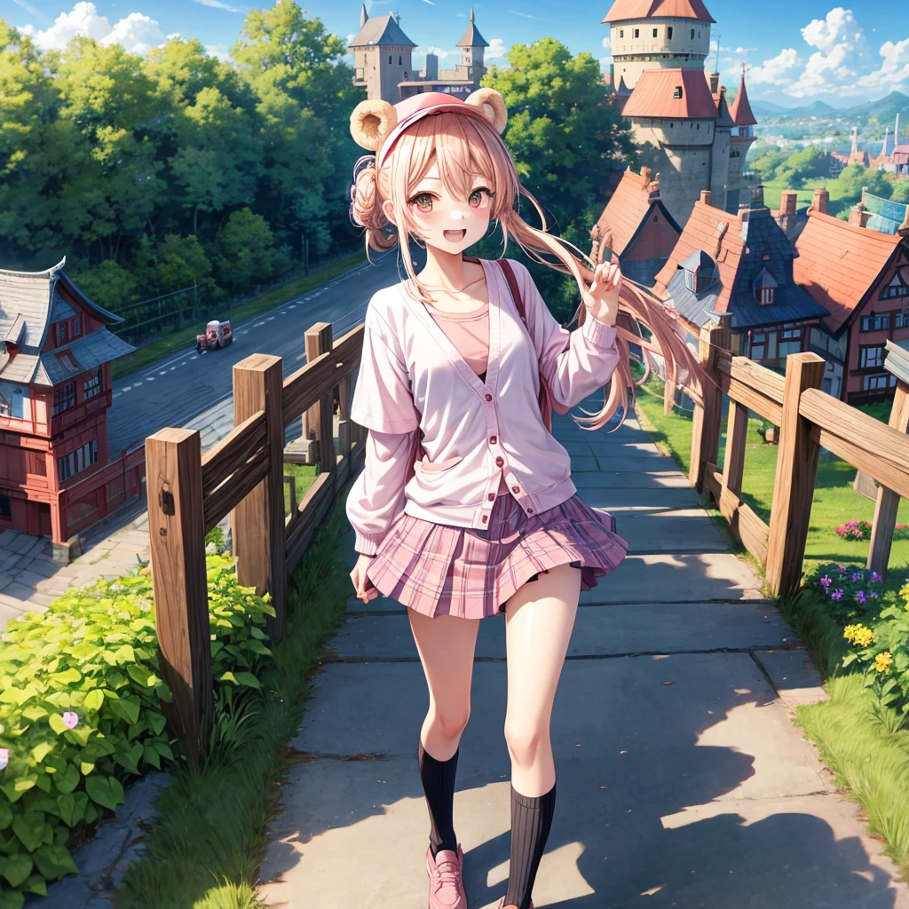 Pink Blonde、Red eyes、Hair tied up、Two cute、Checked mini skirt、black t-shirts、cardigan、Knee-high socks、bear ears baseball cap、Teeth are visible、Monster Castle、Tilting face、crossing the bridge、hazakura、windmill、grass、Stones are growing out of the ground.、impregnable、A teddy bear is walking、Morning glory is blooming.、In front of the city gates