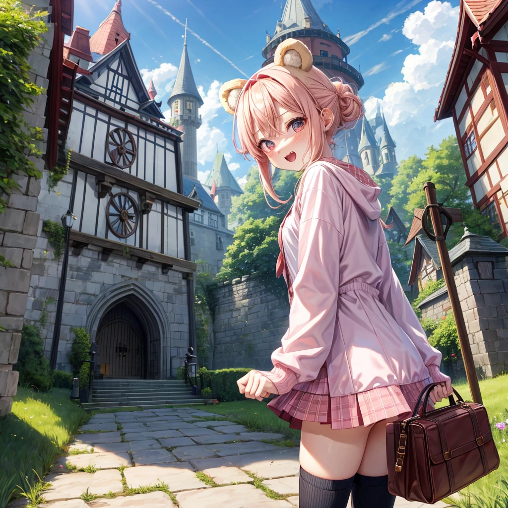 Pink Blonde、Red eyes、Hair tied up、Two cute、Checked mini skirt、black t-shirts、cardigan、Knee-high socks、bear ears baseball cap、Teeth are visible、Monster Castle、Tilting face、crossing the bridge、hazakura、windmill、grass、Stones are growing out of the ground.、impregnable、A teddy bear is walking、Morning glory is blooming.、In front of the city gates