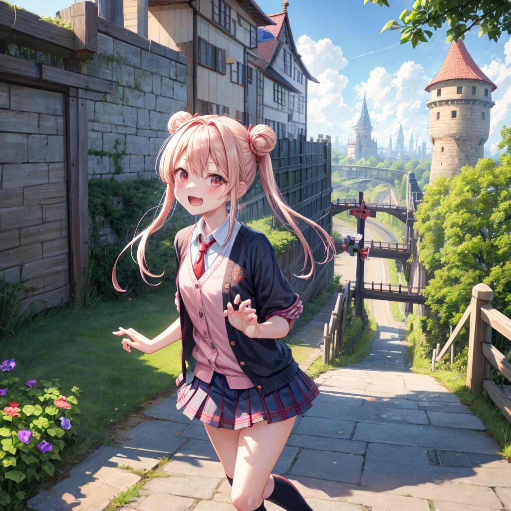 Pink Blonde、Red eyes、Hair tied up、Two cute、Checked mini skirt、black t-shirts、cardigan、Knee-high socks、bear ears baseball cap、Teeth are visible、Monster Castle、Tilting face、crossing the bridge、hazakura、windmill、grass、Stones are growing out of the ground.、impregnable、A teddy bear is walking、Morning glory is blooming.、In front of the city gates