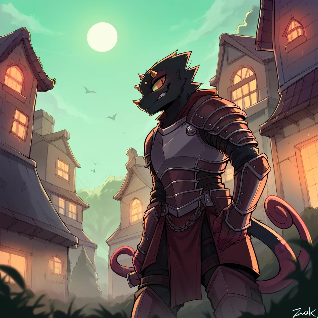 crazydrak, score_9, score_8_up, score_7_up, score_6_up, Evil Chameleon with ebony black fur and citrine eyes in demonic armor (outdoors night)