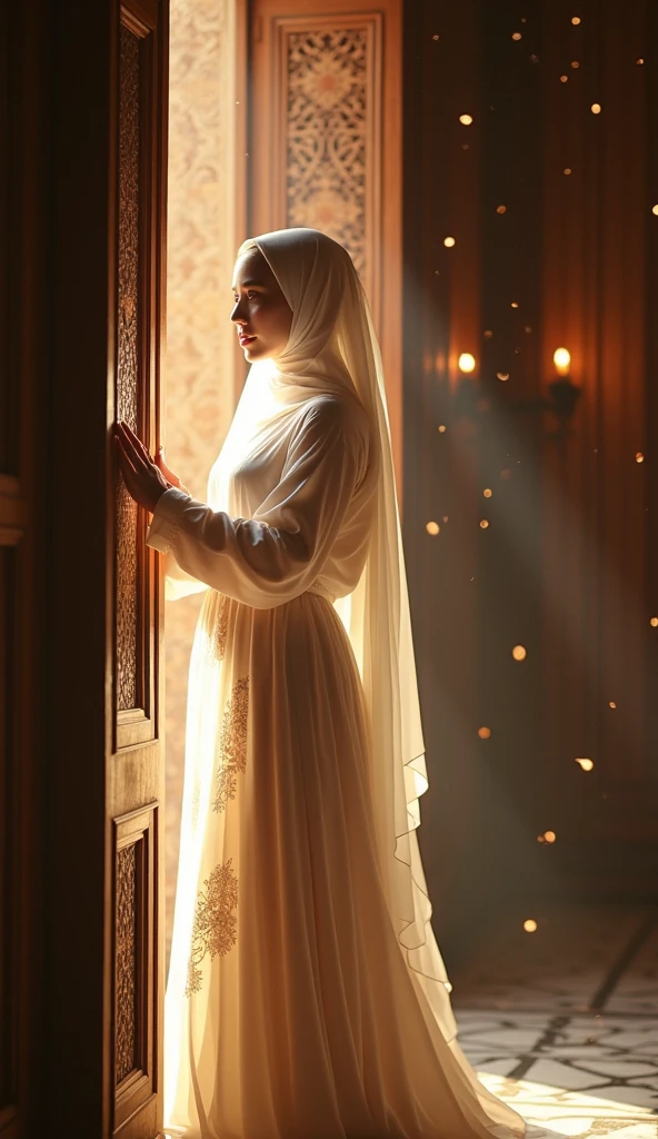 ((best quality)), ((masterpiece)), (detail), perfect face, close-up photo of a Beautiful Korean muslim woman standing next to a door, bright skinny, wearing a long white hijab, a wide and long white patterned abaya, view of an ancient room with intricate details, sparkling and magical light, surreal photo, 8k, very high resolution, sharp face
