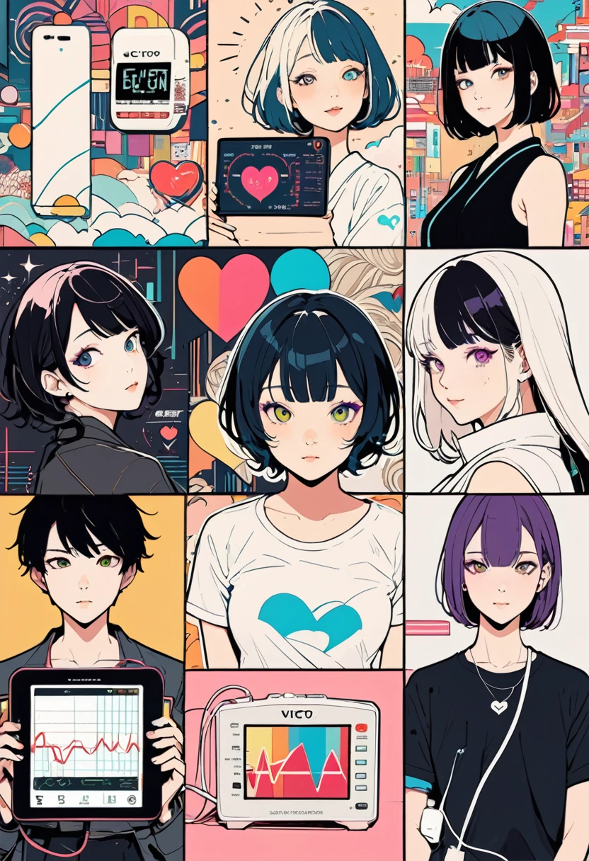 (masterpiece, best quality,ultra highres),flat color,(messy collage art),(japanese boy, emo face,Heart rate monitor, electrocardiogram),nostalgic melancholic artwork,lofi girl, inspired by Victo Ngai cmyk palette, contemporary artistic collage,