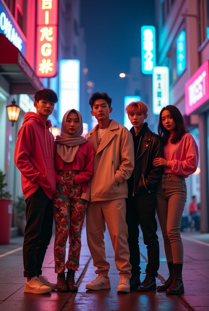 Create a dynamic pose of a diverse boyband with five members. The group consists of a young 18-year-old Korean male with a sleek hairstyle and a confident expression, a 23-year-old Korean female with a vibrant, stylish look and hijab, a 25-year-old Italian male with sharp features and a casual yet fashionable outfit, a 28-year-old Italian female with an elegant, mature vibe, and a 26-year-old American female with a bold, charismatic presence. The members are positioned in a formation that showcases their unity and individuality, set against a modern, urban backdrop with bright lights and a cool, edgy atmosphere. The image should capture the energy, diversity, and style of the group, with each member displaying their unique personality through their expressions and poses