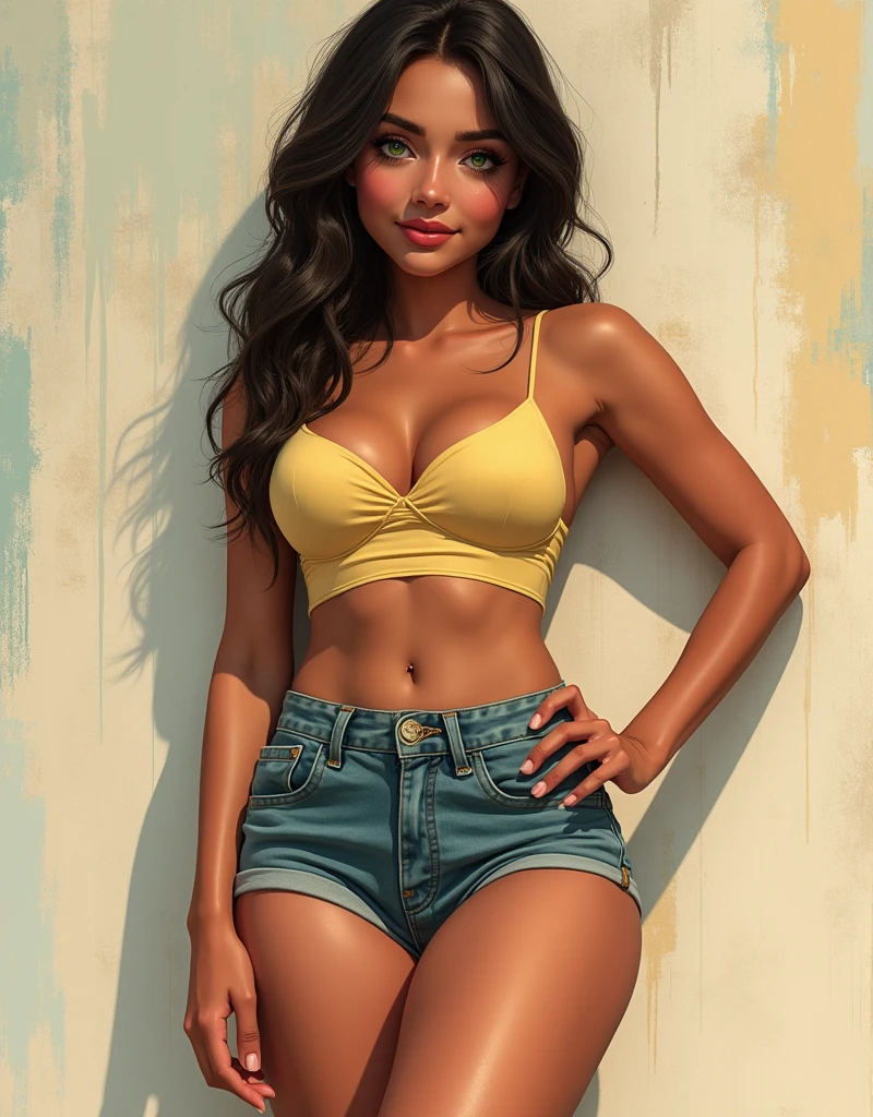 "Find six different images of a young woman, between 28 and 33 years old, with the following features, in various styles:Hyperrealistic style:Characteristics: Mujer from 28 to 33 years old with an hourglass figure, Approximately 1.65 m high. Moderately curved chest, waist definida de 70 cm, y medium to large hips de aproximadamente 95 cm. Toned thighs of about 55 cm at the widest part. Long and elegant legs. large eyes, round and green with a natural shine. Size de pie 38-39 (European size), Defined arches and proportionate fingers. Modern and creative clothing.Details: Images with realistic skin textures, Hair and clothes, with natural lighting and detailed shadows that highlight the shape and facial features. Must have a youthful and fresh look.digital art style:Characteristics: young woman, from 28 to 33 years old, with an hourglass figure. Details en pecho, waist, medium to large hips, thighs, legs and eyes large and round green. Size de pie 38-39. Modern and creative clothing.Details: Look for images with vibrant colors and striking contrasts, with a clean and defined appearance, that enhance the details of the figure and clothing, conveying youth and vitality.Pinup Illustration style:Characteristics: young woman, between 28 and 33 years old, with an hourglass figure. Details en pecho, waist, medium to large hips, thighs y piernas en estilo pinup clásico. large eyes y redondos de color verde. Stylish and eye-catching clothing.Details: Images with pinup illustration techniques, with soft lines and vibrant colors, reflecting a retro and glamorous style with a youthful and flirty appearance.Comic or Manga style:Characteristics: young woman, from 28 to 33 years old, with an hourglass figure. Details de pecho, waist, medium to large hips, thighs, legs and eyes large and round green en estilo cómic o manga. Size d