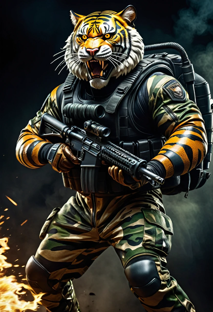(a dark-skinned fat muscular old man in a bulky army camouflage zipper diver suit) carrying a machine gun, (wearing realistic roaring tiger mask), dynamic action pose, fierce expression, showcasing an imposing stature, surrounded by military elements, dramatic shadows and intense highlights, cinematic color tones, high detail, powerful, art influenced by Bruce Onobrakpeya and Stanley Artgerm, ultra-detailed, best quality image, action-packed atmosphere. fighting stance