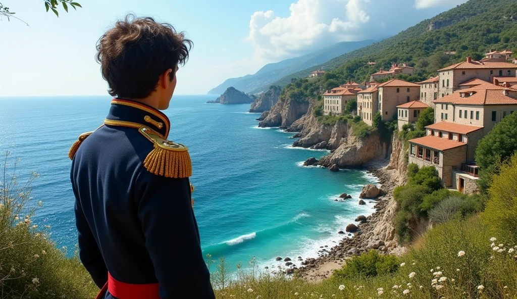 A serene coastal village on the island of Corsica in 1769, with a young Napoleon Bonaparte standing on a hillside, gazing into the distance."