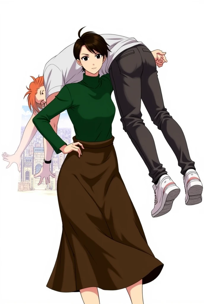 A girl with very short dark brown hair, in a dark green shirt, a long dark brown skirt, with black eyes, holds on the shoulder a guy in dark gray pants, a white T-shirt, with orange hair, anime art, realistic, overdetalization, overdetalized hands, overdetalization of the face