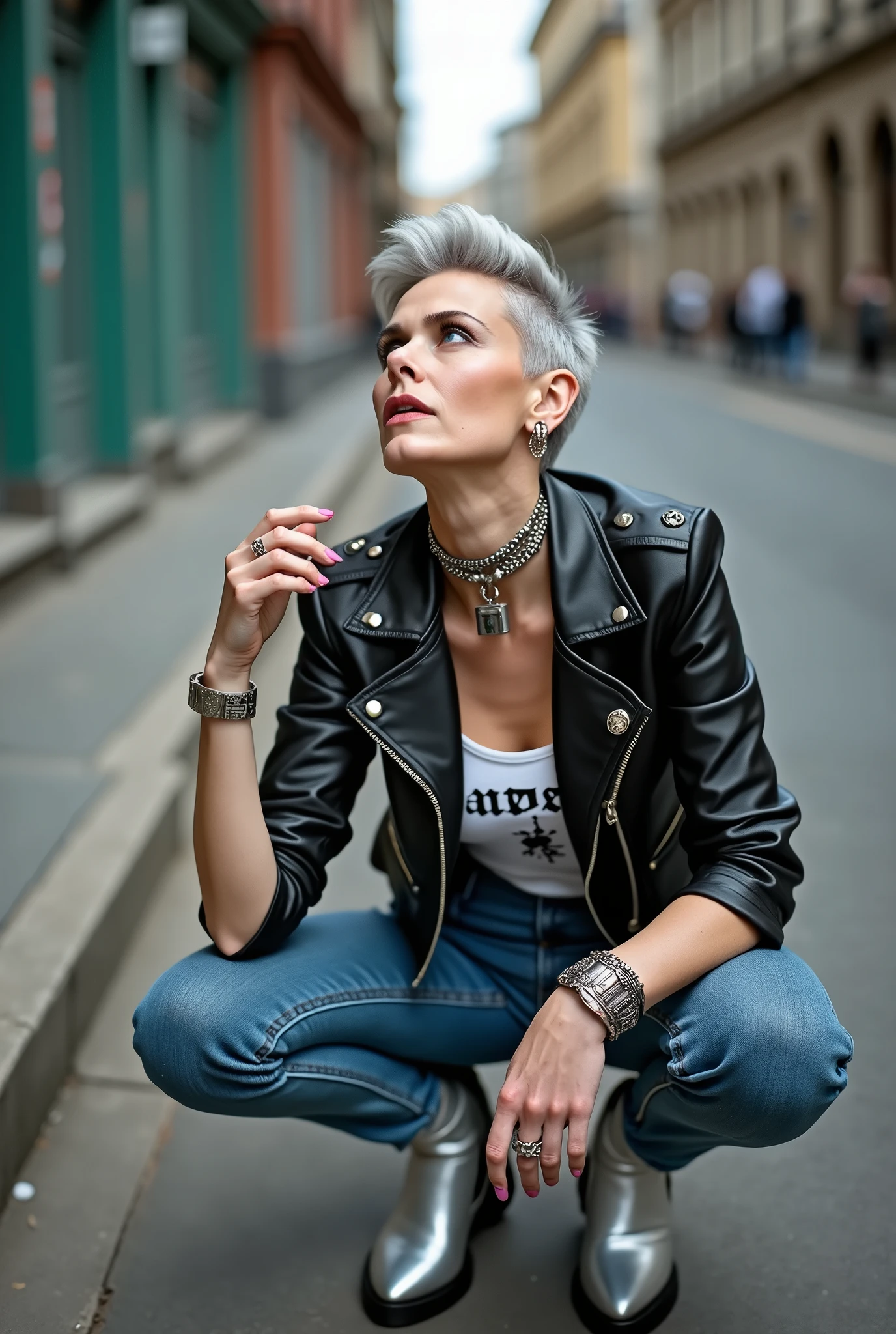 russian old milf woman, grey hair (quiff shaved sides), with very light blue eyes, extremely pale. Wearing cropped black moto jacket (badges on lapels),  tank top with rock logo, skinny leather jeans and silver pointy Chelsea boots with cuban heels . Lots of metallic wide silver bracelets, a tacky chain and a padlock as a collar.mTacky studded leather belt with oversized chanel buckle. Wide loop earrings. Kneeling looking up, eyes and mouth wide open in amazement. Tilted head. Tattooed. Hands on her knees. Chin up, looking up listening in amazement to God. Well toned abdominals, thin legs and thin arms.