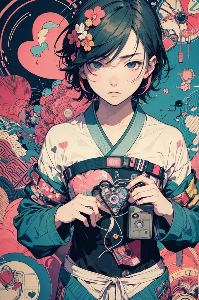 (masterpiece, best quality,ultra highres),flat color,(messy collage art),(japanese boy, emo face,Heart rate monitor, electrocardiogram),nostalgic melancholic artwork,lofi girl, inspired by Victo Ngai cmyk palette, contemporary artistic collage,
