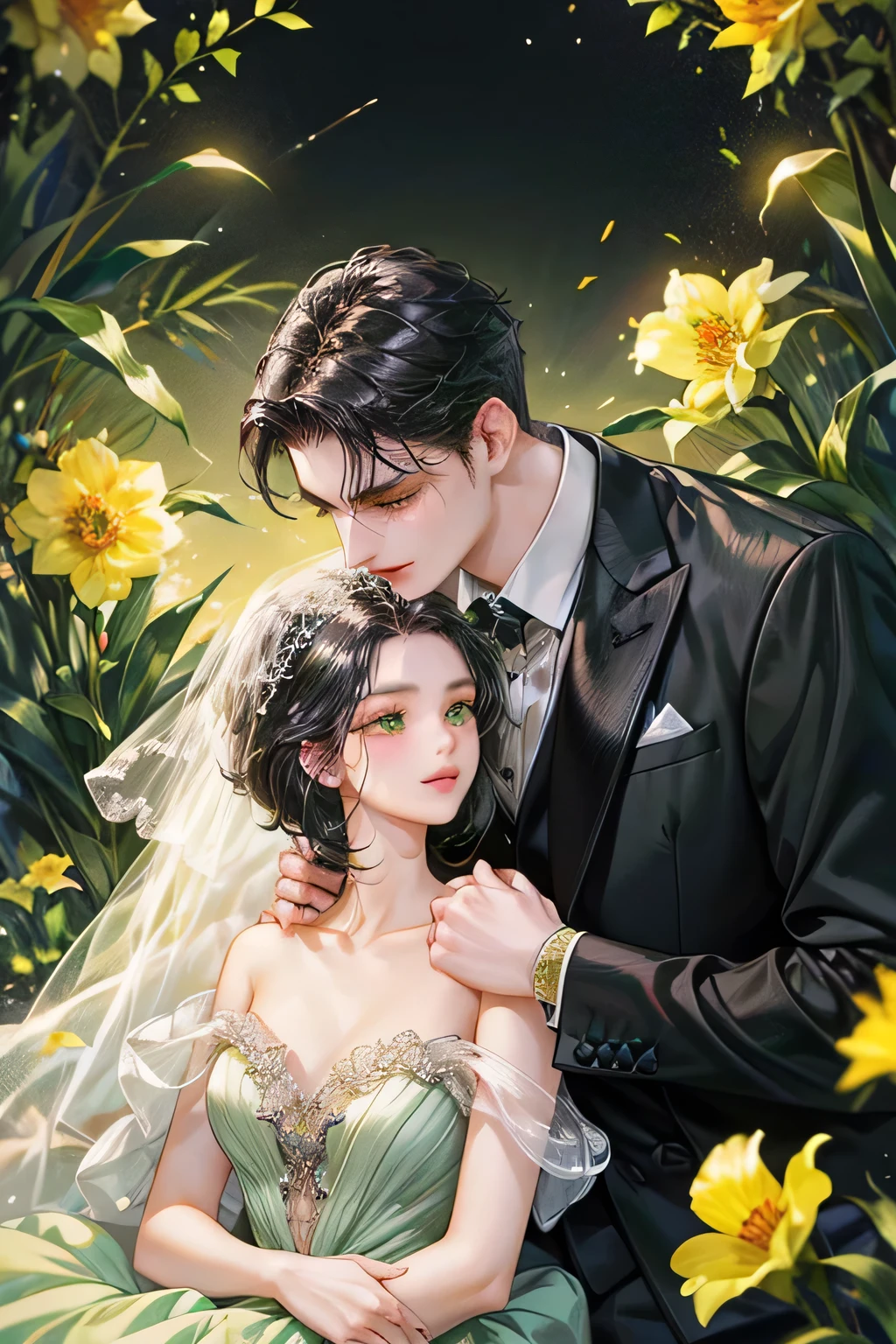 Couple, black hair, modern style, masterpiece, best quality, realistic, romantic and charming, kissing in daffodil flower garden,  29 years, smile, light green eyes, extremely detailed whole body, ((short-right-swept dark black hair)), [ eyebrows], wedding suit , accurate, detailed