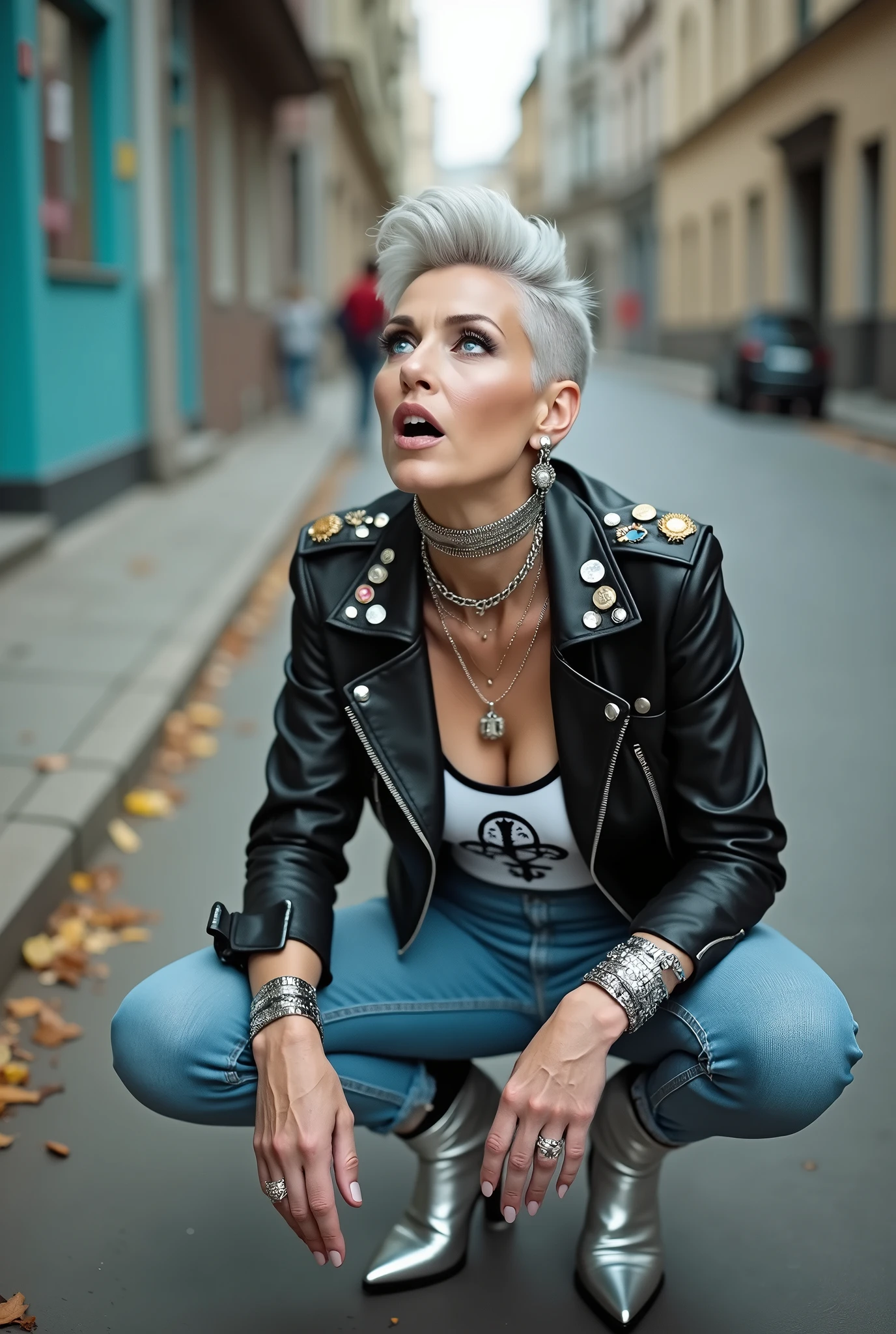 russian old milf woman, grey hair (quiff shaved sides), with very light blue eyes, extremely pale. Wearing cropped black moto jacket (badges on lapels), tank top with rock logo, skinny leather jeans and silver pointy Chelsea boots with cuban heels . Lots of metallic wide silver bracelets, a tacky chain and a padlock as a collar.mTacky studded leather belt with oversized chanel buckle. Wide loop earrings. Kneeling looking up, eyes and mouth wide open in amazement. Tilted head. Tattooed. Hands on her knees. Chin up, looking up listening in amazement to God. Well toned abdominals, thin legs and thin arms.